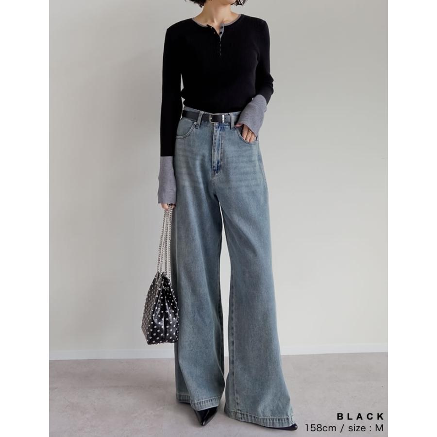 トップス セーター 長袖 レディース ニット リブニット プルオーバー 丸首 配色 バイカラー レイヤード 重ね着 指穴 2025秋冬 | Re:EDIT | 13