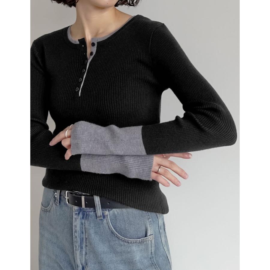 トップス セーター 長袖 レディース ニット リブニット プルオーバー 丸首 配色 バイカラー レイヤード 重ね着 指穴 2025秋冬 | Re:EDIT | 14