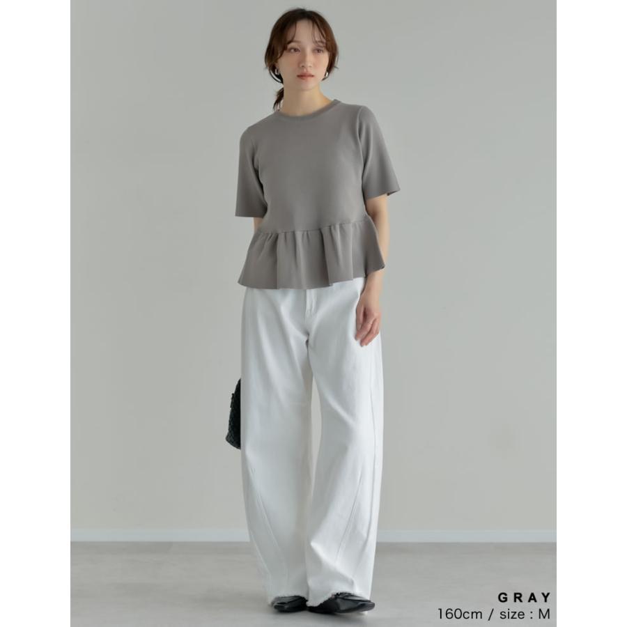半袖 ブラウス レディース トップス 半袖 M/L サマーニット ペプラム フレア 体型カバー 丸首 5分袖 春夏[mb] | Re:EDIT | 19