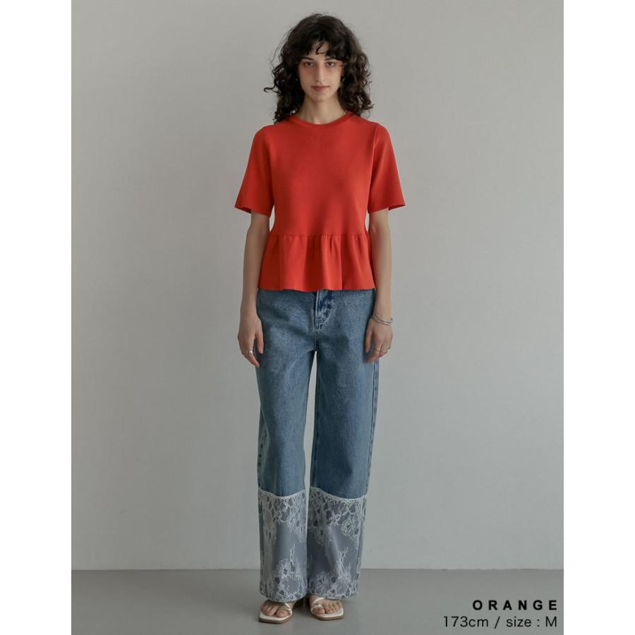 半袖 ブラウス レディース トップス 半袖 M/L サマーニット ペプラム フレア 体型カバー 丸首 5分袖 春夏[mb] | Re:EDIT | 21