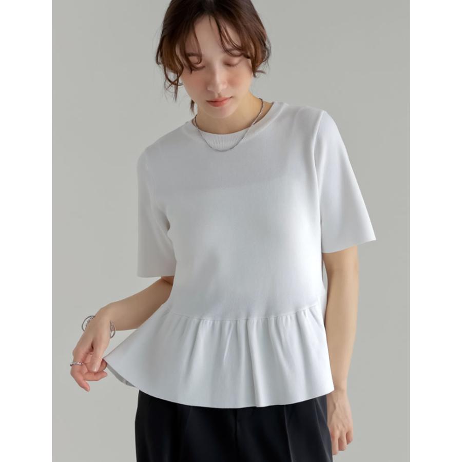 半袖 ブラウス レディース トップス 半袖 M/L サマーニット ペプラム フレア 体型カバー 丸首 5分袖 春夏[mb] | Re:EDIT | 08