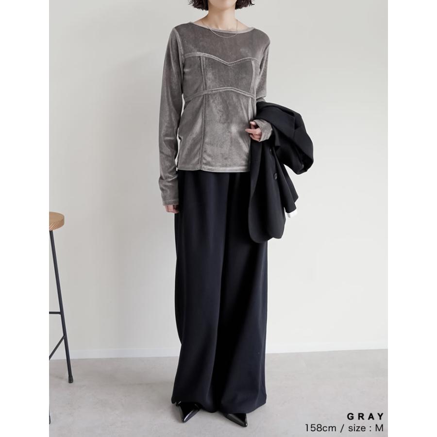 トップス カットソー ロンT 長袖 レディース 4色 M/L ベロア シアー ビスチェ 丸首 光沢 ドッキング 重ね着 透け感 2025秋冬[mb] | Re:EDIT | 14