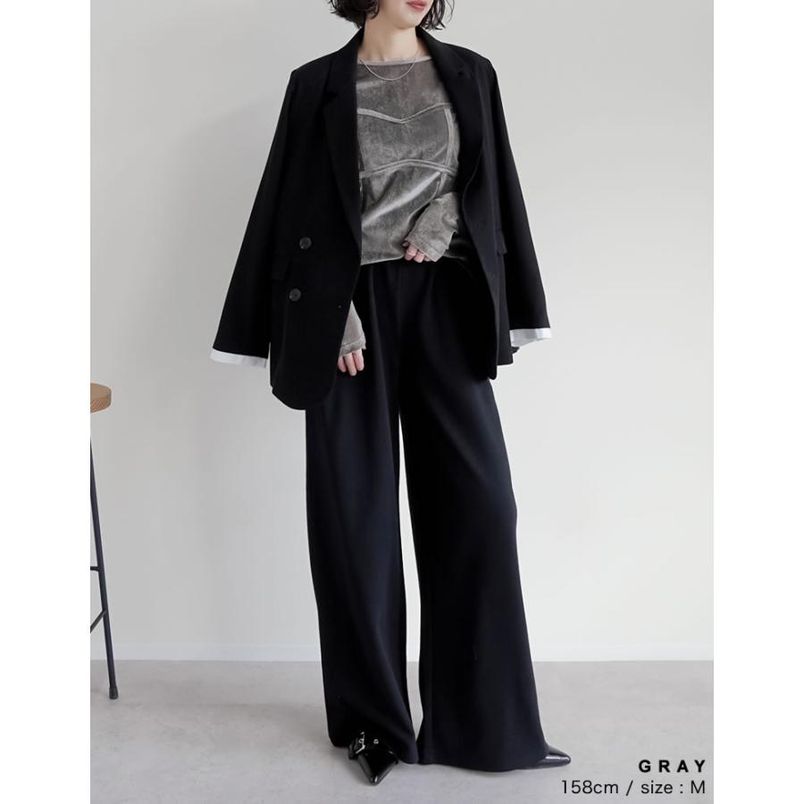 トップス カットソー ロンT 長袖 レディース 4色 M/L ベロア シアー ビスチェ 丸首 光沢 ドッキング 重ね着 透け感 2025秋冬[mb] | Re:EDIT | 15