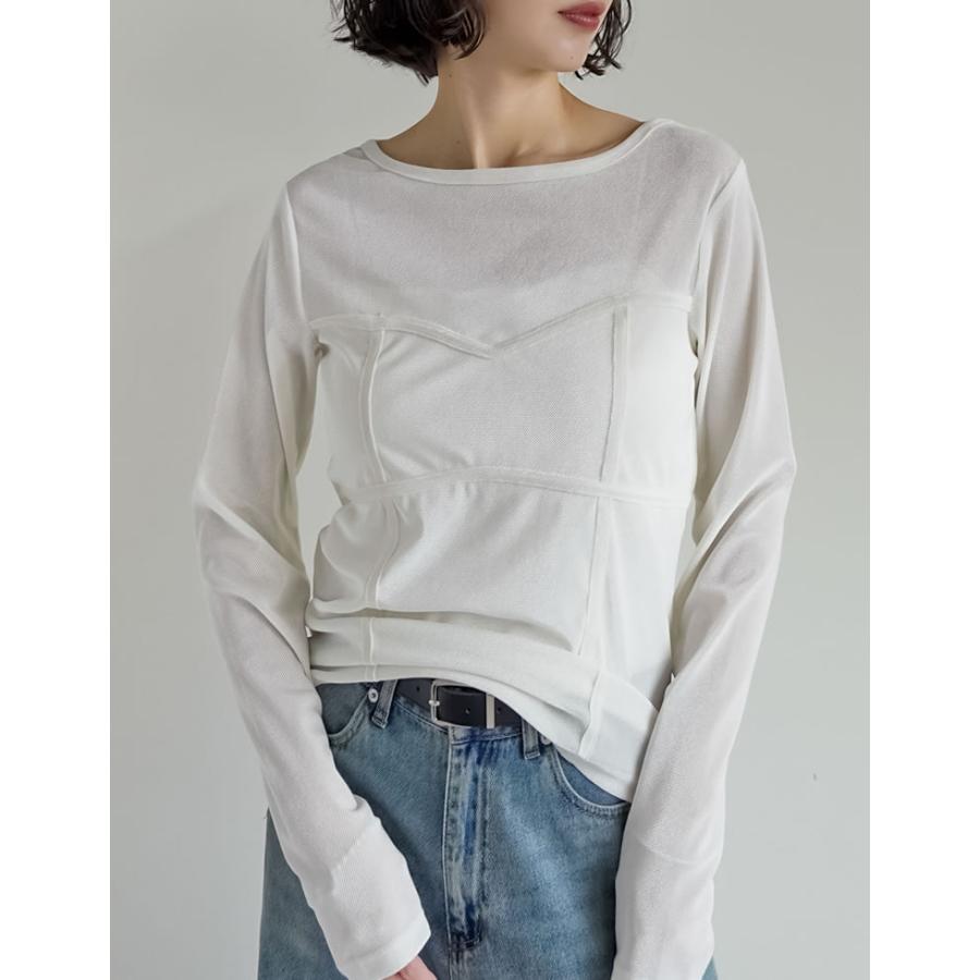 トップス カットソー ロンT 長袖 レディース 4色 M/L ベロア シアー ビスチェ 丸首 光沢 ドッキング 重ね着 透け感 2025秋冬[mb] | Re:EDIT | 19