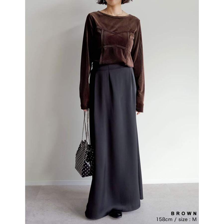 トップス カットソー ロンT 長袖 レディース 4色 M/L ベロア シアー ビスチェ 丸首 光沢 ドッキング 重ね着 透け感 2025秋冬[mb] | Re:EDIT | 20