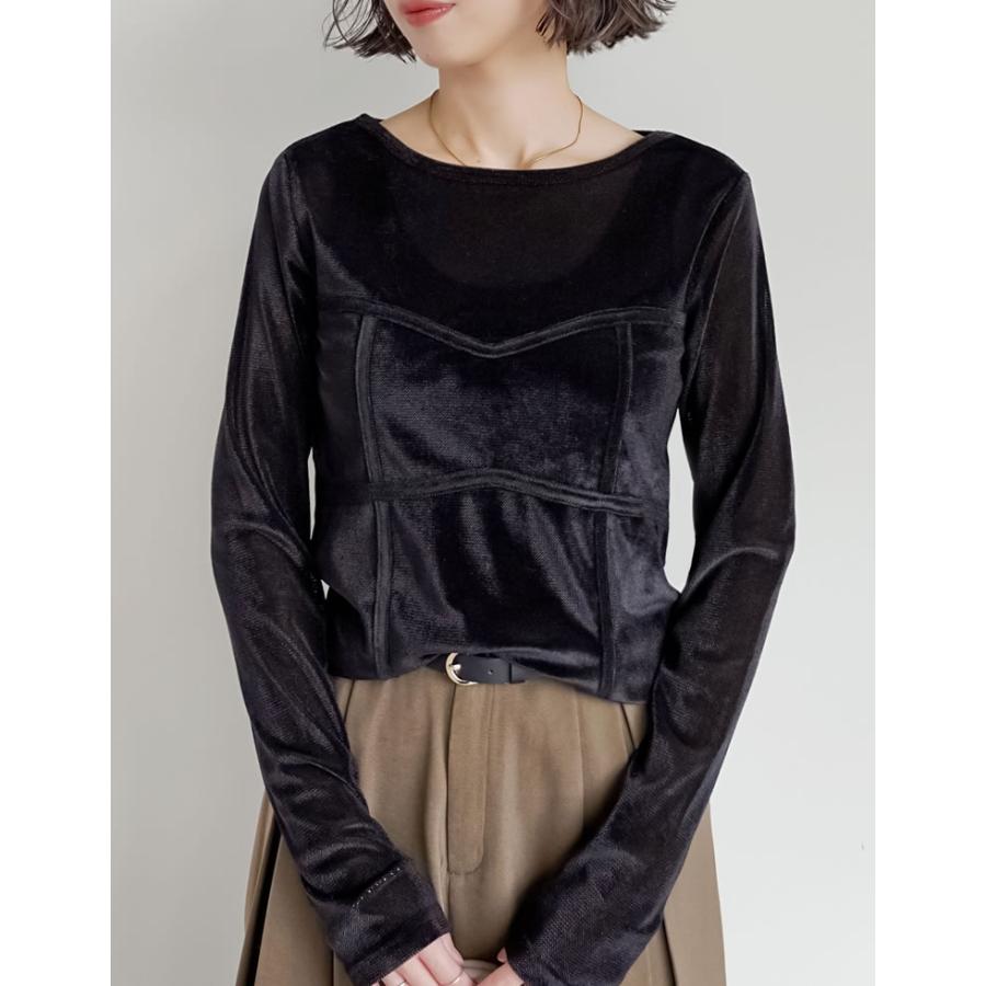 トップス カットソー ロンT 長袖 レディース 4色 M/L ベロア シアー ビスチェ 丸首 光沢 ドッキング 重ね着 透け感 2025秋冬[mb] | Re:EDIT | 05