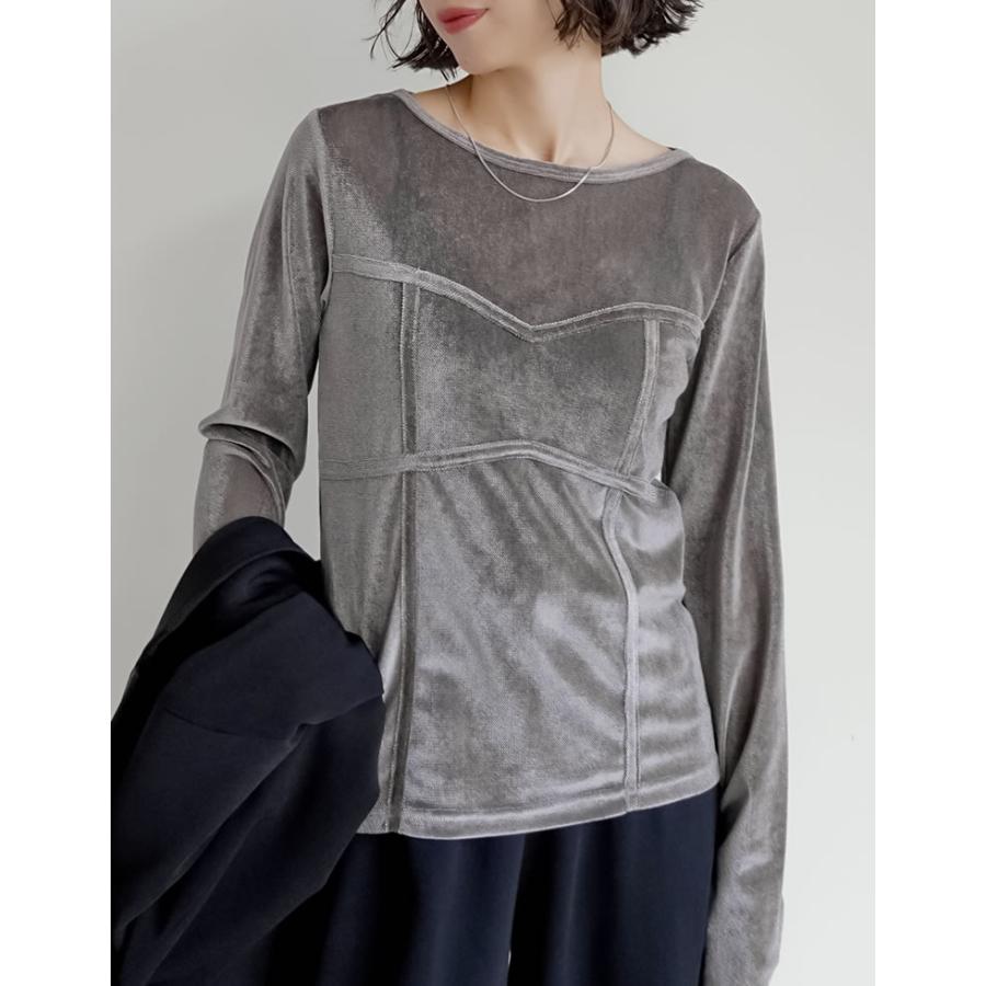 トップス カットソー ロンT 長袖 レディース 4色 M/L ベロア シアー ビスチェ 丸首 光沢 ドッキング 重ね着 透け感 2025秋冬[mb] | Re:EDIT | 06