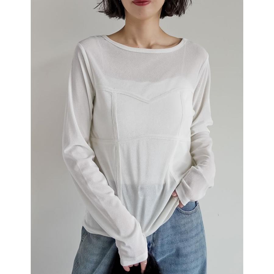 トップス カットソー ロンT 長袖 レディース 4色 M/L ベロア シアー ビスチェ 丸首 光沢 ドッキング 重ね着 透け感 2025秋冬[mb] | Re:EDIT | 07