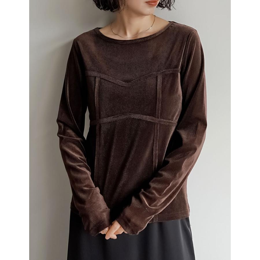 トップス カットソー ロンT 長袖 レディース 4色 M/L ベロア シアー ビスチェ 丸首 光沢 ドッキング 重ね着 透け感 2025秋冬[mb] | Re:EDIT | 08