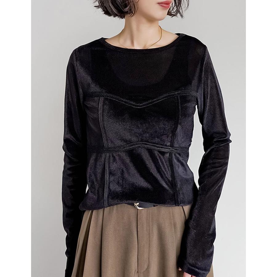 トップス カットソー ロンT 長袖 レディース 4色 M/L ベロア シアー ビスチェ 丸首 光沢 ドッキング 重ね着 透け感 2025秋冬[mb] | Re:EDIT | 13
