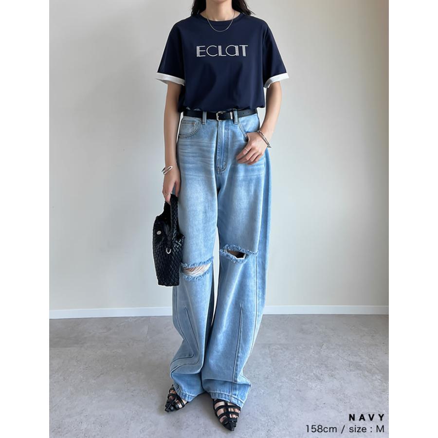 Tシャツ 半袖 トップス レディース 4色 M/L カットソー 5分袖 ロゴT バイカラー ひんやり 涼しい 接触冷感 春夏[mb] | Re:EDIT | 20