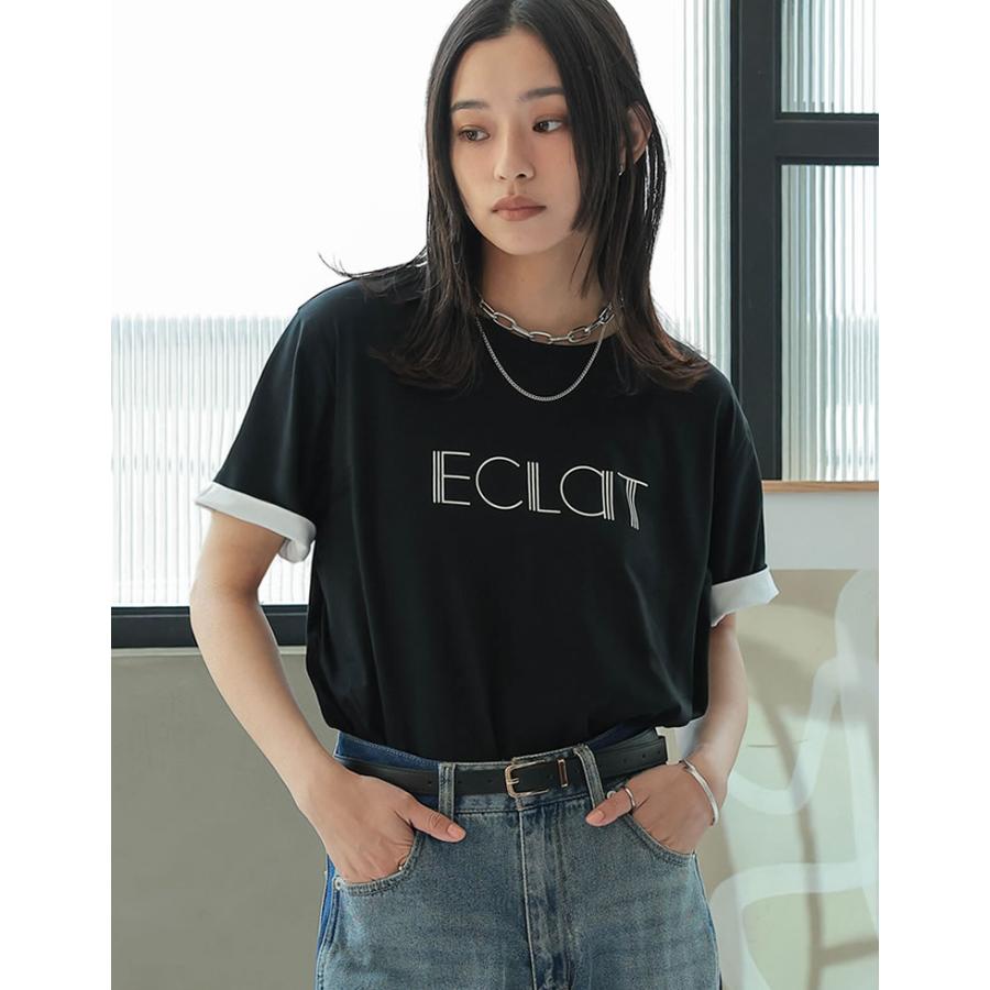 Tシャツ 半袖 トップス レディース 4色 M/L カットソー 5分袖 ロゴT バイカラー ひんやり 涼しい 接触冷感 春夏[mb] | Re:EDIT | 05