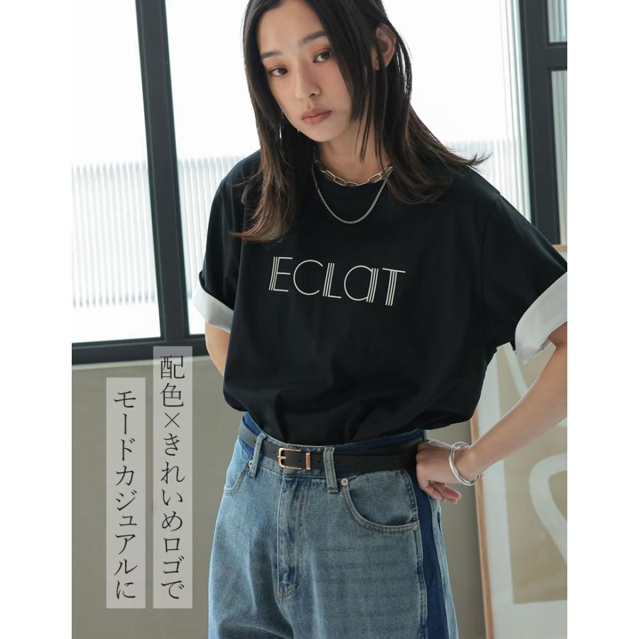 Tシャツ 半袖 トップス レディース 4色 M/L カットソー 5分袖 ロゴT バイカラー ひんやり 涼しい 接触冷感 春夏[mb] | Re:EDIT | 09