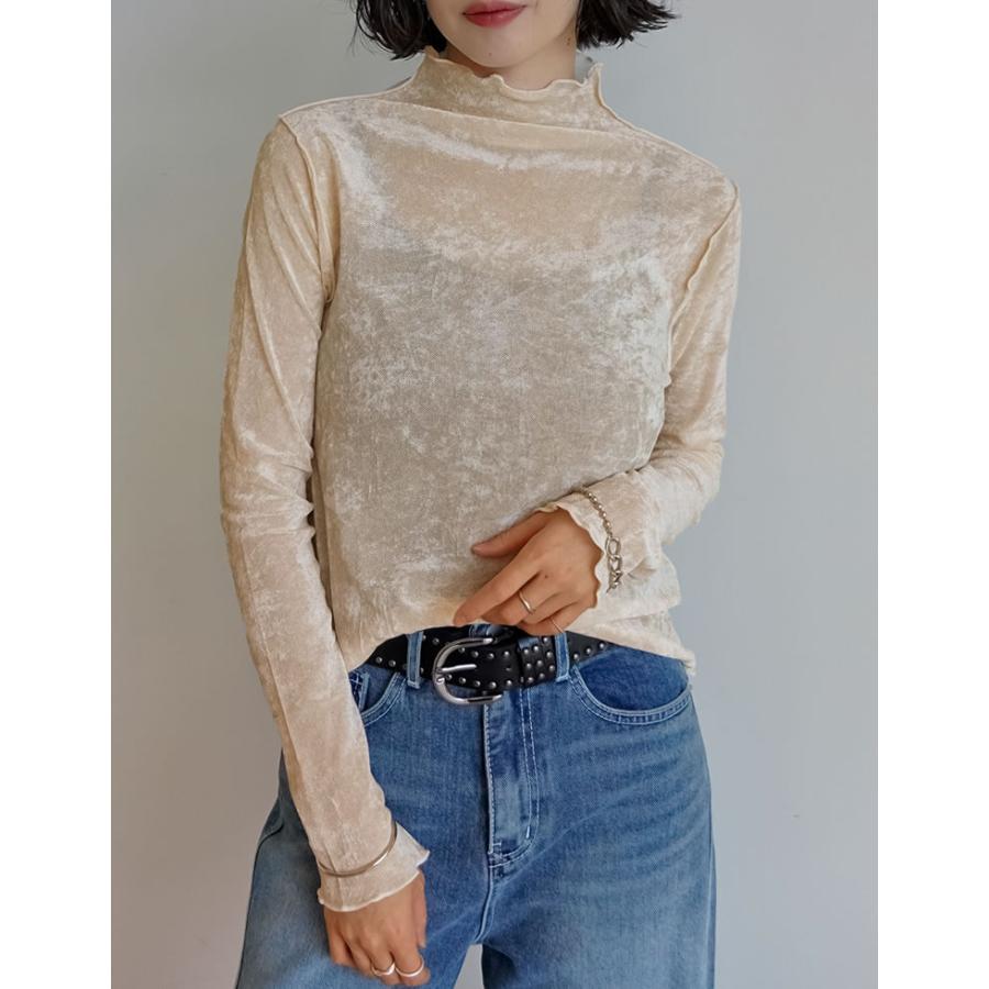 トップス カットソー 長袖 レディース ロンT ハイネック ベロア風 メッシュ プルオーバー シアー 前後2WAY ストレッチ 2025秋冬[mb] | Re:EDIT | 15