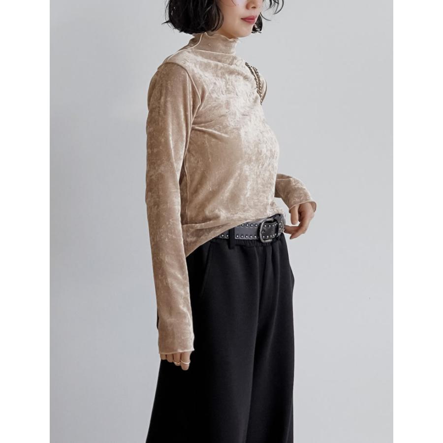 トップス カットソー 長袖 レディース ロンT ハイネック ベロア風 メッシュ プルオーバー シアー 前後2WAY ストレッチ 2025秋冬[mb] | Re:EDIT | 20