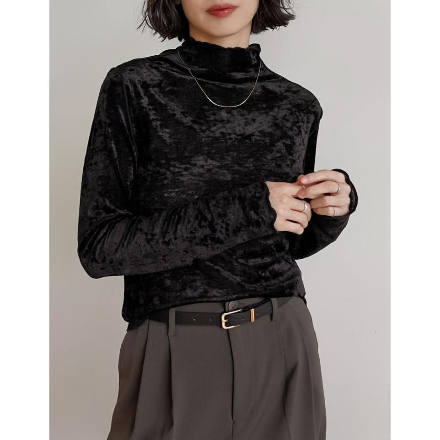 トップス カットソー 長袖 レディース ロンT ハイネック ベロア風 メッシュ プルオーバー シアー 前後2WAY ストレッチ 2025秋冬[mb] | Re:EDIT | 05