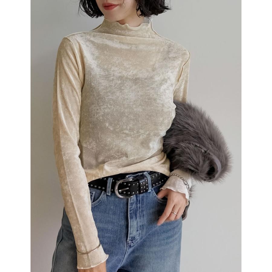 トップス カットソー 長袖 レディース ロンT ハイネック ベロア風 メッシュ プルオーバー シアー 前後2WAY ストレッチ 2025秋冬[mb] | Re:EDIT | 06