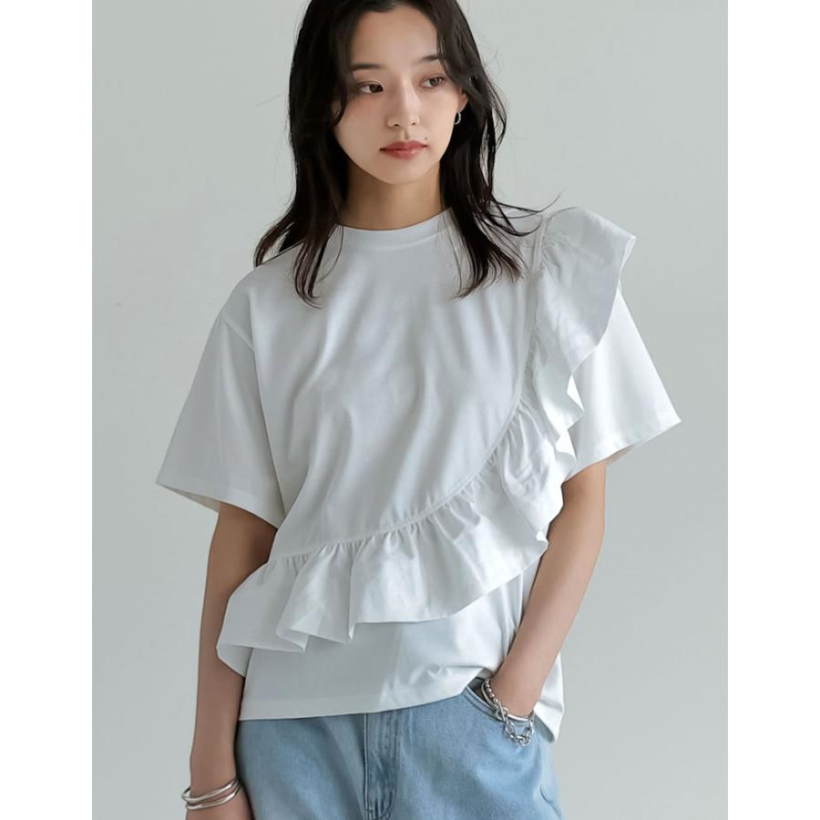 Tシャツ レディース トップス ドッキング フリル アシンメトリー カットソー クルーネック 半袖 体型カバー UVカット 春夏[mb] | Re:EDIT | 13