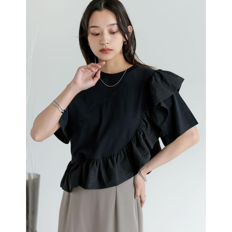 Tシャツ レディース トップス ドッキング フリル アシンメトリー カットソー クルーネック 半袖 体型カバー UVカット 春夏[mb] | Re:EDIT | 14