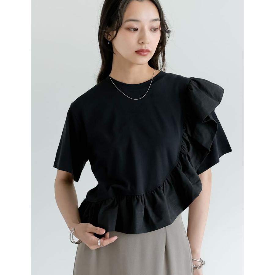 Tシャツ レディース トップス ドッキング フリル アシンメトリー カットソー クルーネック 半袖 体型カバー UVカット 春夏[mb] | Re:EDIT | 15