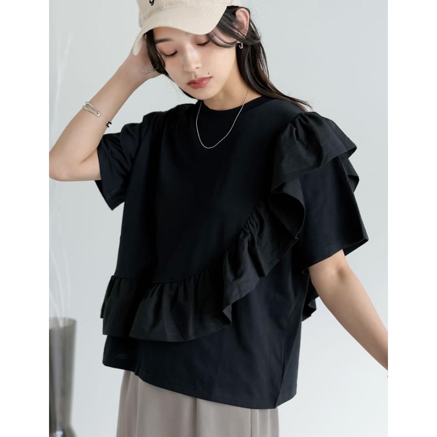 Tシャツ レディース トップス ドッキング フリル アシンメトリー カットソー クルーネック 半袖 体型カバー UVカット 春夏[mb] | Re:EDIT | 17