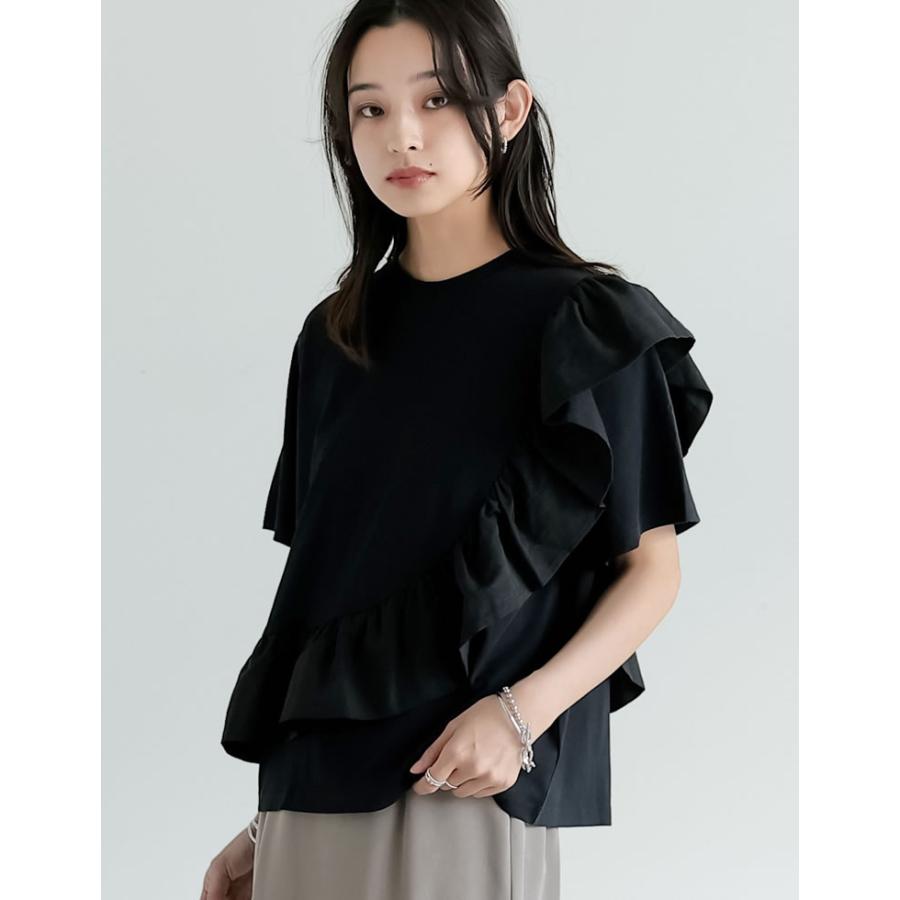Tシャツ レディース トップス ドッキング フリル アシンメトリー カットソー クルーネック 半袖 体型カバー UVカット 春夏[mb] | Re:EDIT | 18