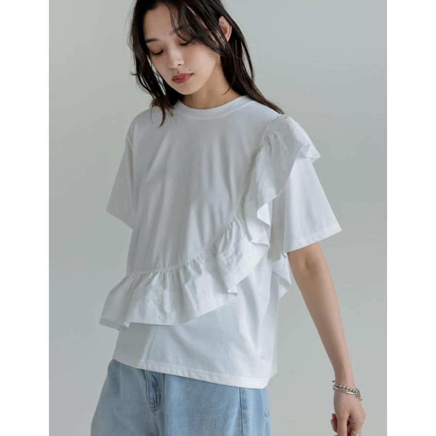 Tシャツ レディース トップス ドッキング フリル アシンメトリー カットソー クルーネック 半袖 体型カバー UVカット 春夏[mb] | Re:EDIT | 03