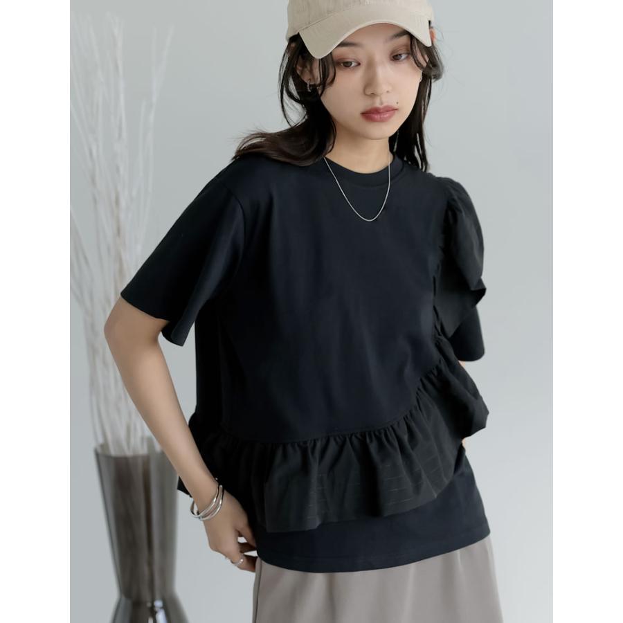 Tシャツ レディース トップス ドッキング フリル アシンメトリー カットソー クルーネック 半袖 体型カバー UVカット 春夏[mb] | Re:EDIT | 04
