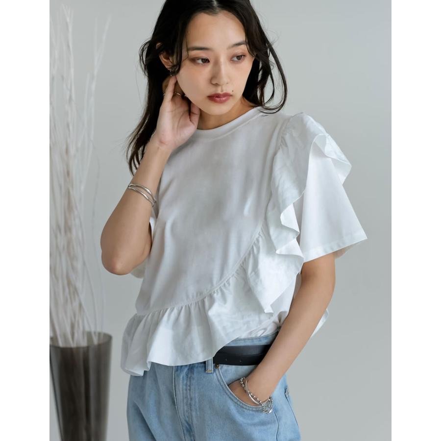 Tシャツ レディース トップス ドッキング フリル アシンメトリー カットソー クルーネック 半袖 体型カバー UVカット 春夏[mb] | Re:EDIT | 07