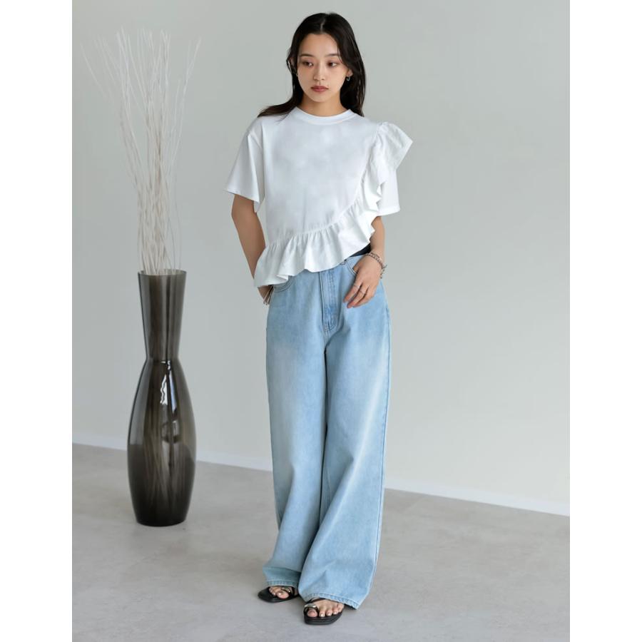 Tシャツ レディース トップス ドッキング フリル アシンメトリー カットソー クルーネック 半袖 体型カバー UVカット 春夏[mb] | Re:EDIT | 08