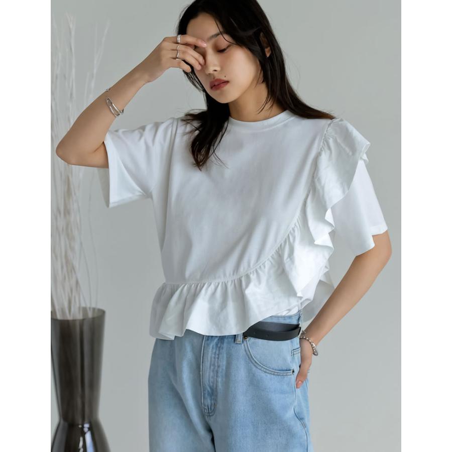 Tシャツ レディース トップス ドッキング フリル アシンメトリー カットソー クルーネック 半袖 体型カバー UVカット 春夏[mb] | Re:EDIT | 09