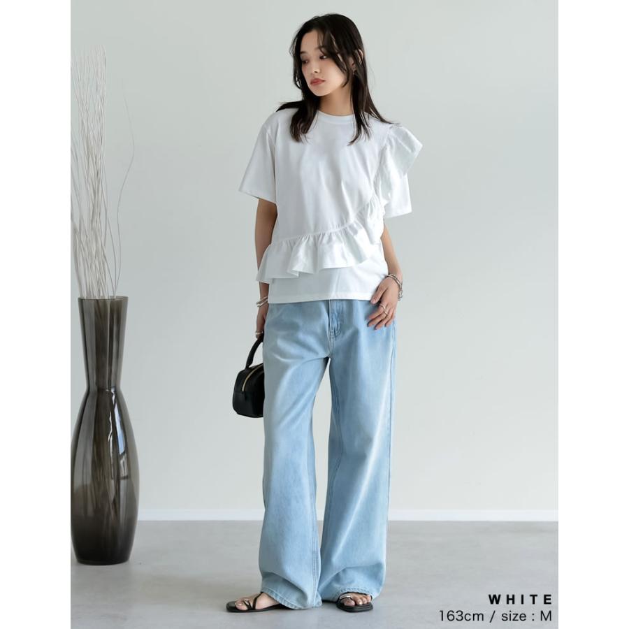 Tシャツ レディース トップス ドッキング フリル アシンメトリー カットソー クルーネック 半袖 体型カバー UVカット 春夏[mb] | Re:EDIT | 10