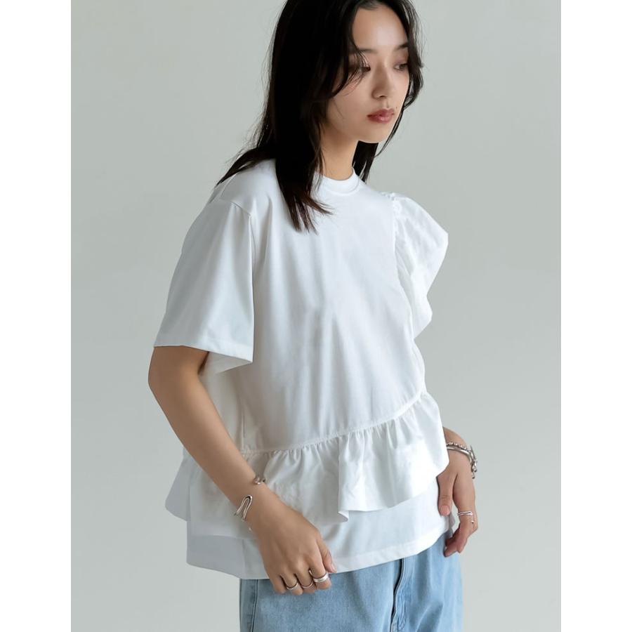 Tシャツ レディース トップス ドッキング フリル アシンメトリー カットソー クルーネック 半袖 体型カバー UVカット 春夏[mb] | Re:EDIT | 11