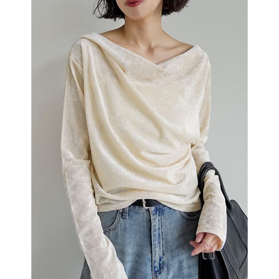 トップス カットソー 長袖 レディース 4色 M/L ベロア ドレープ フロッキー シアー ロンT メッシュ レイヤード 重ね着 2025秋冬[mb] | Re:EDIT | 08