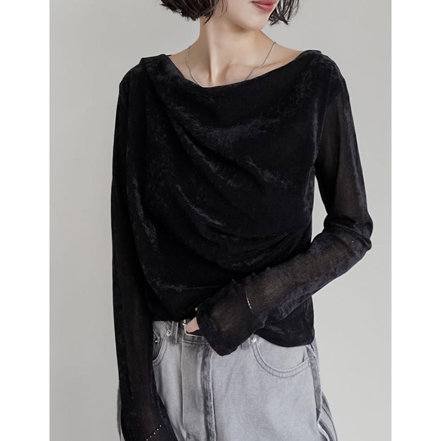 トップス カットソー 長袖 レディース 4色 M/L ベロア ドレープ フロッキー シアー ロンT メッシュ レイヤード 重ね着 2025秋冬[mb] | Re:EDIT | 11