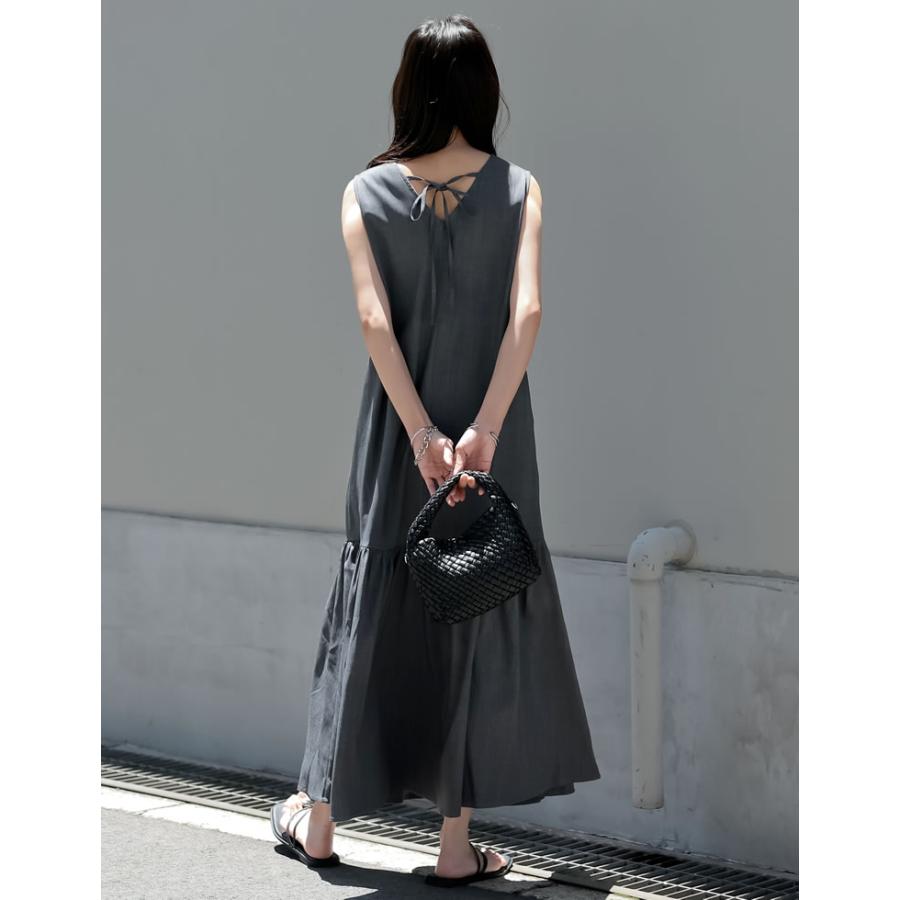 ワンピース ロング丈 レディース 4色 低身長 ノースリーブ ギャザー ドット柄 丸首 クルーネック 春夏 | Re:EDIT | 14