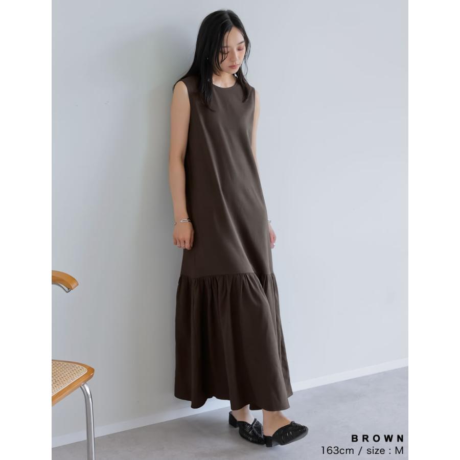 ワンピース ロング丈 レディース 4色 低身長 ノースリーブ ギャザー ドット柄 丸首 クルーネック 春夏 | Re:EDIT | 15