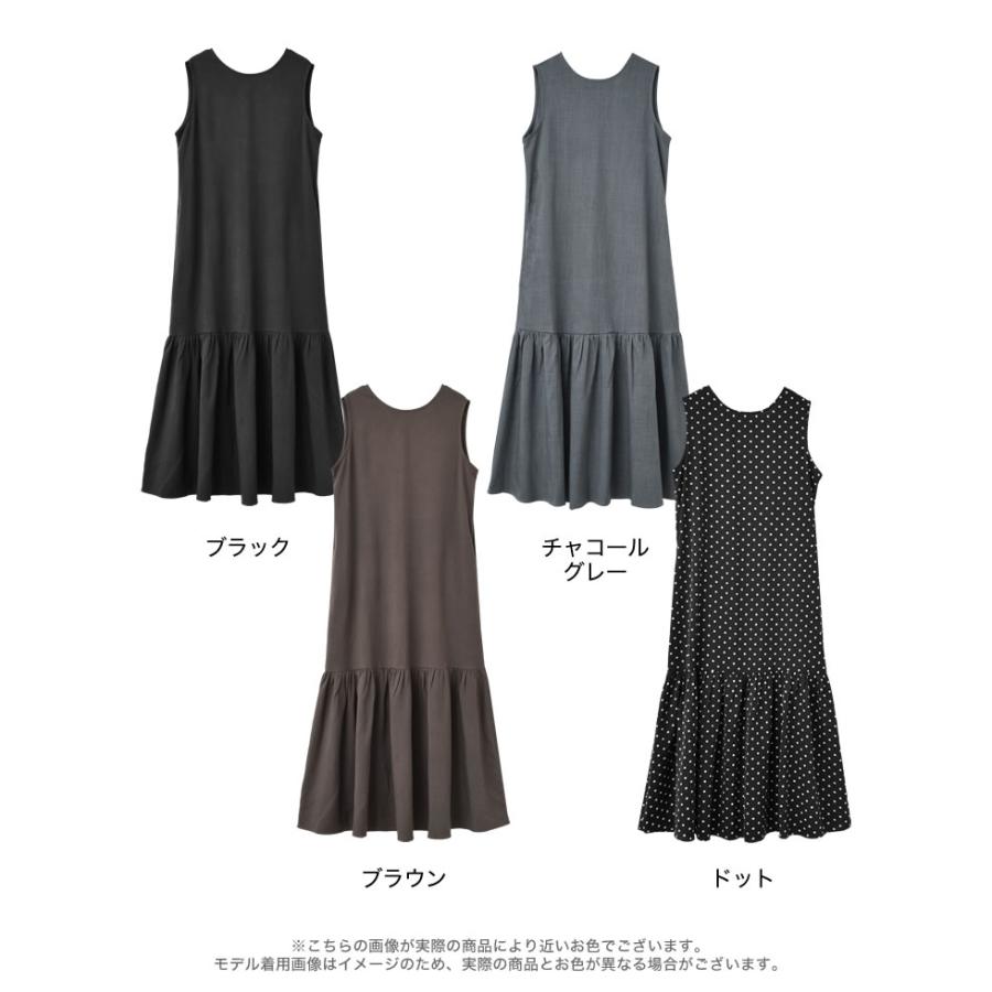 ワンピース ロング丈 レディース 4色 低身長 ノースリーブ ギャザー ドット柄 丸首 クルーネック 春夏 | Re:EDIT | 21