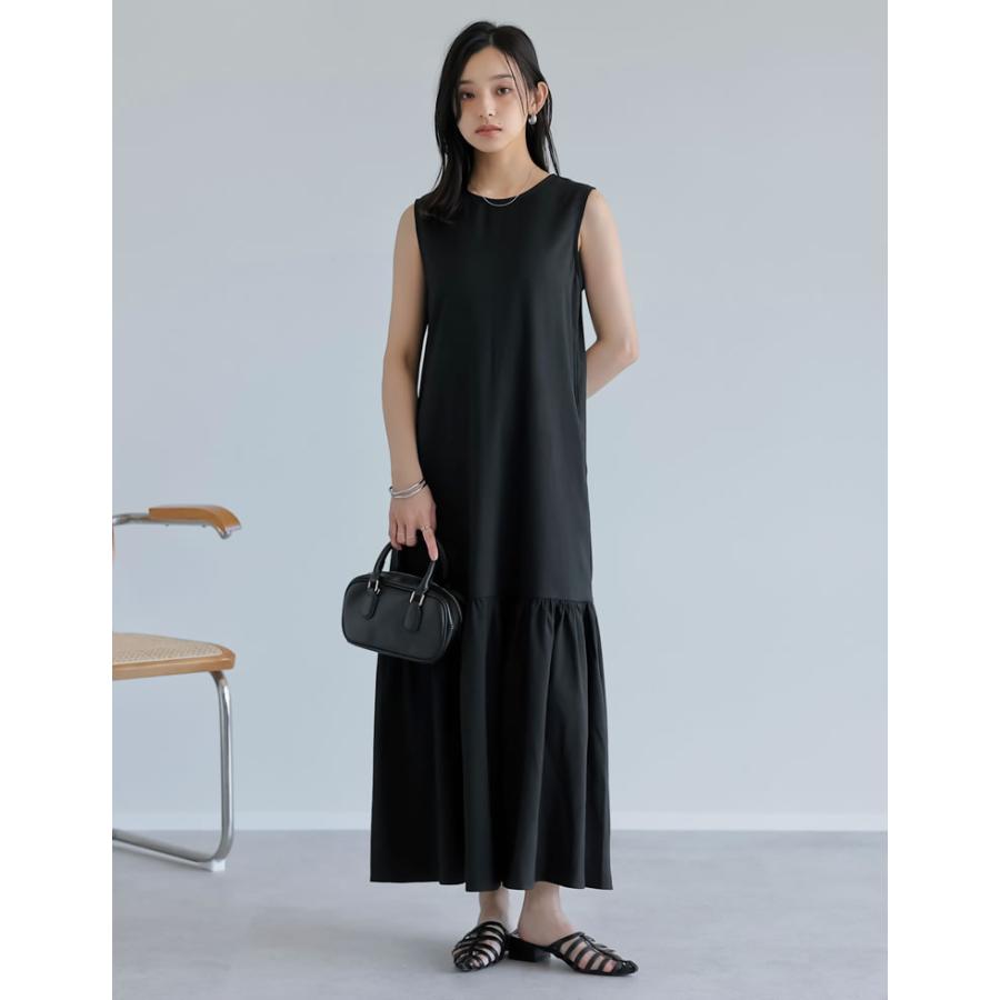 ワンピース ロング丈 レディース 4色 低身長 ノースリーブ ギャザー ドット柄 丸首 クルーネック 春夏 | Re:EDIT | 05