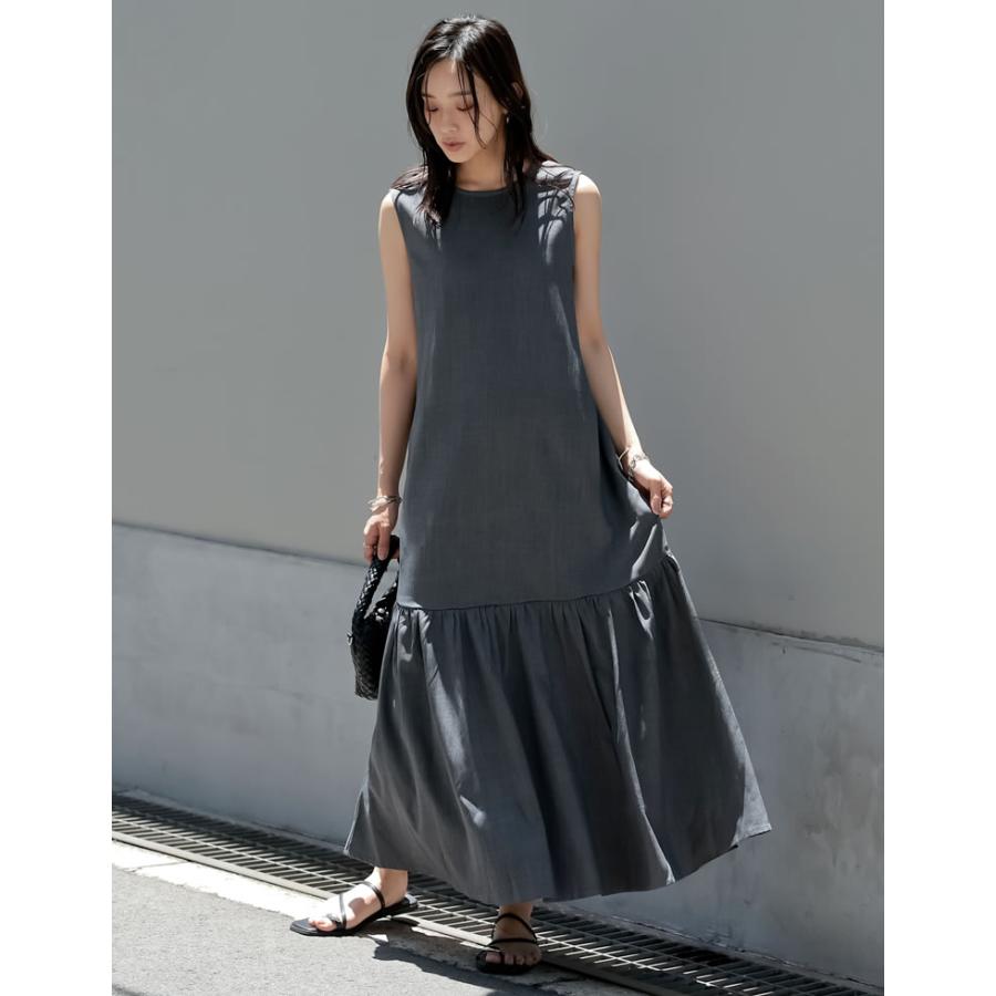 ワンピース ロング丈 レディース 4色 低身長 ノースリーブ ギャザー ドット柄 丸首 クルーネック 春夏 | Re:EDIT | 06