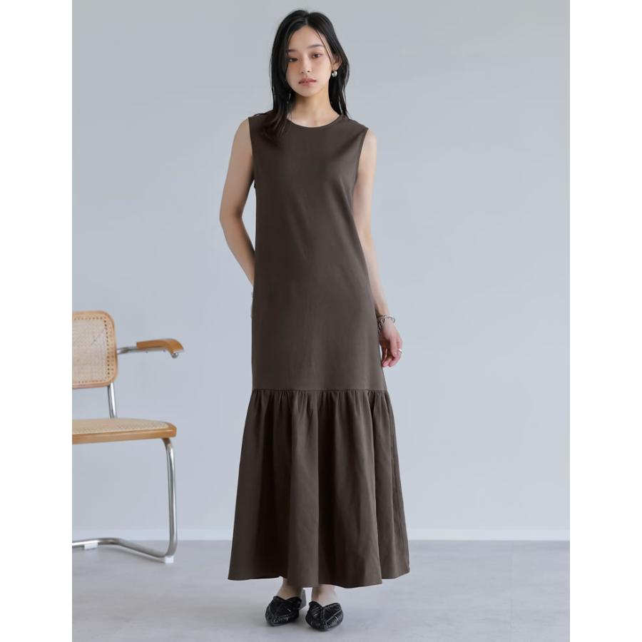 ワンピース ロング丈 レディース 4色 低身長 ノースリーブ ギャザー ドット柄 丸首 クルーネック 春夏 | Re:EDIT | 07