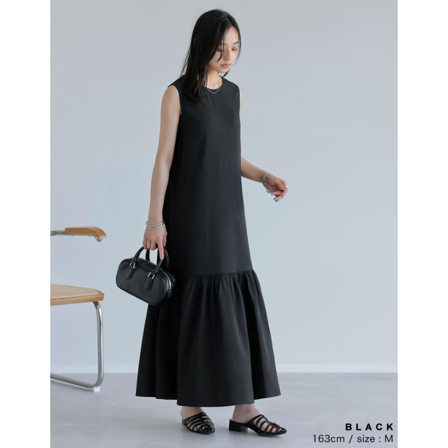 ワンピース ロング丈 レディース 4色 低身長 ノースリーブ ギャザー ドット柄 丸首 クルーネック 春夏 | Re:EDIT | 12