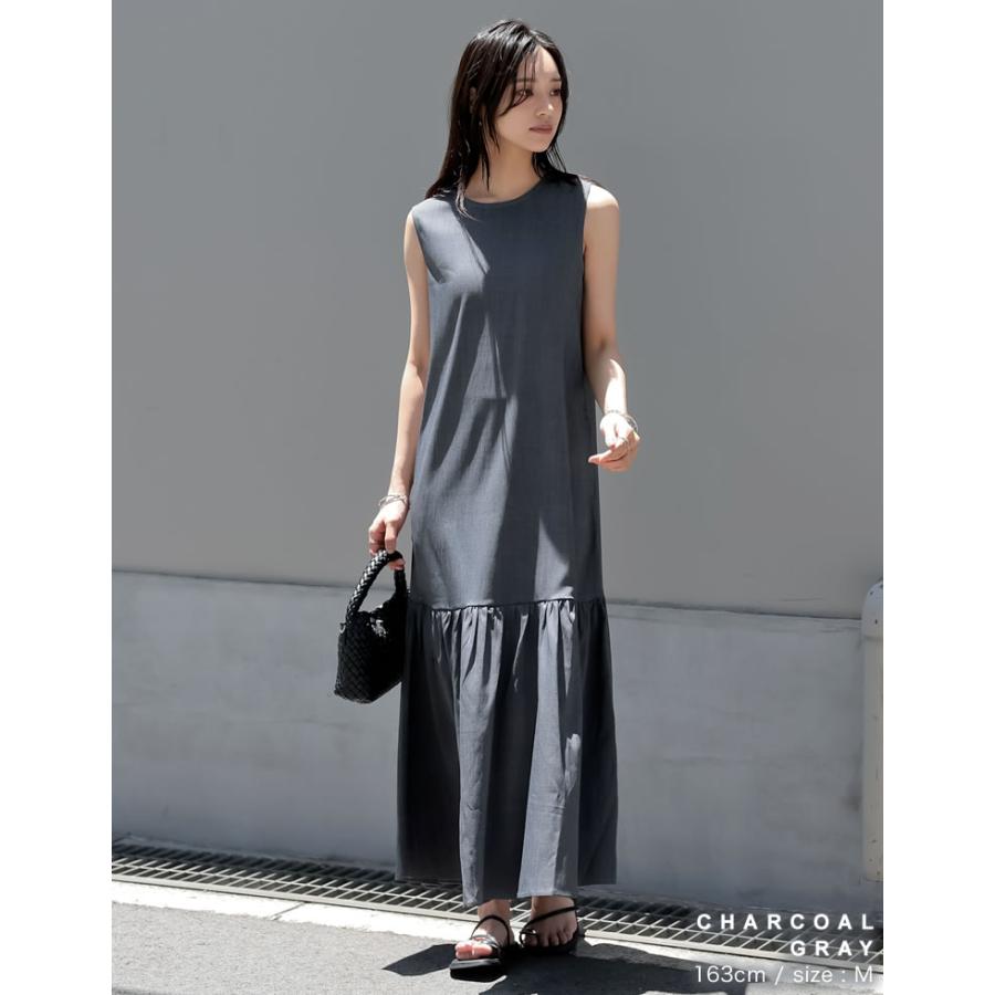 ワンピース ロング丈 レディース 4色 低身長 ノースリーブ ギャザー ドット柄 丸首 クルーネック 春夏 | Re:EDIT | 13