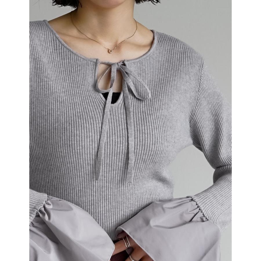 トップス ニット 長袖 袖切り替え レディース コンパクト リボン クルーネック 配色 バイカラー オフィスカジュアル 通勤 2025秋冬 | Re:EDIT | 15