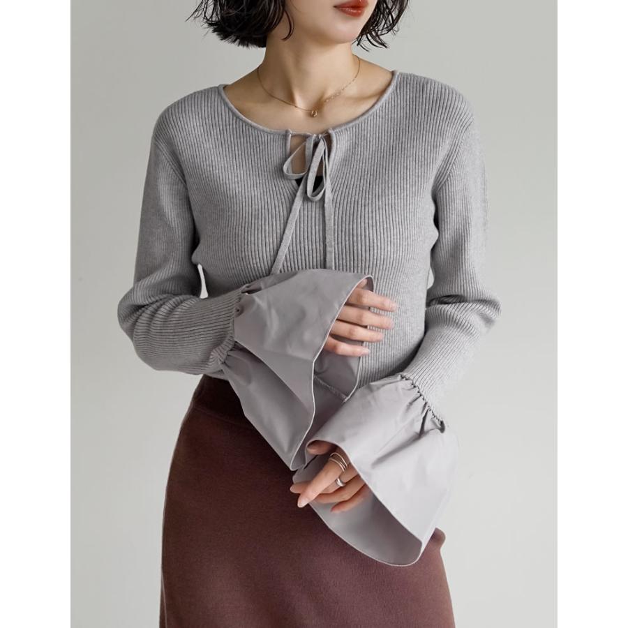 トップス ニット 長袖 袖切り替え レディース コンパクト リボン クルーネック 配色 バイカラー オフィスカジュアル 通勤 2025秋冬 | Re:EDIT | 05