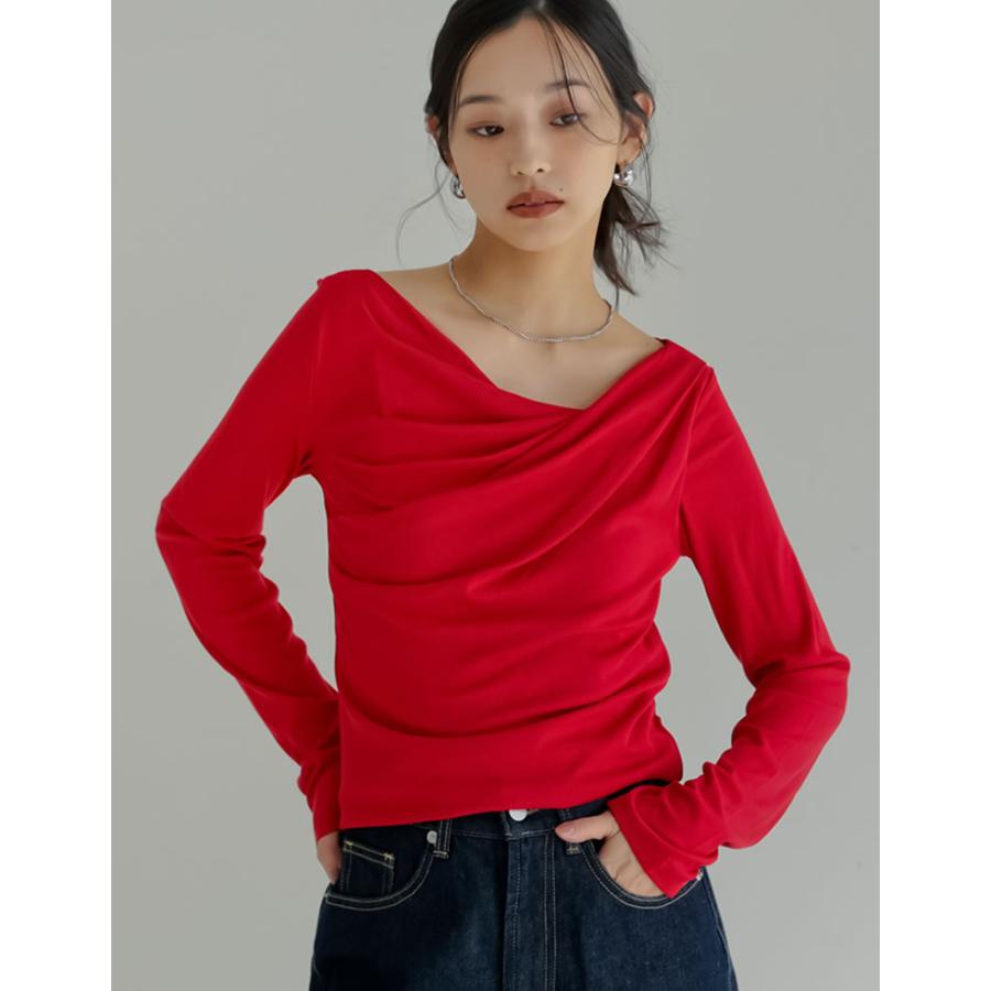 トップス カットソー レディース Tシャツ 長袖 オフショルダー オフショル リブ ロンT ドレープ 新色追加 春夏[mb] | Re:EDIT | 07