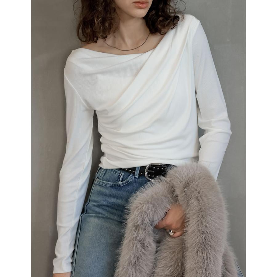 トップス カットソー レディース Tシャツ 長袖 オフショルダー オフショル リブ ロンT ドレープ 新色追加 春夏[mb] | Re:EDIT | 09