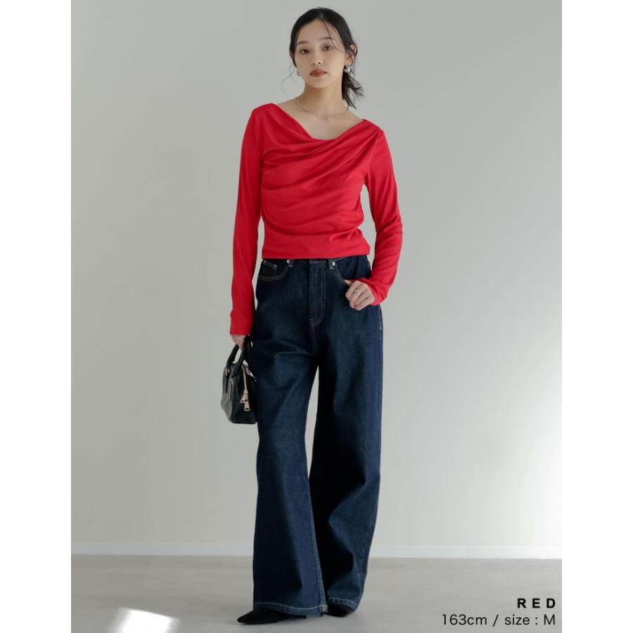 トップス カットソー レディース Tシャツ 長袖 オフショルダー オフショル リブ ロンT ドレープ 新色追加 春夏[mb] | Re:EDIT | 14