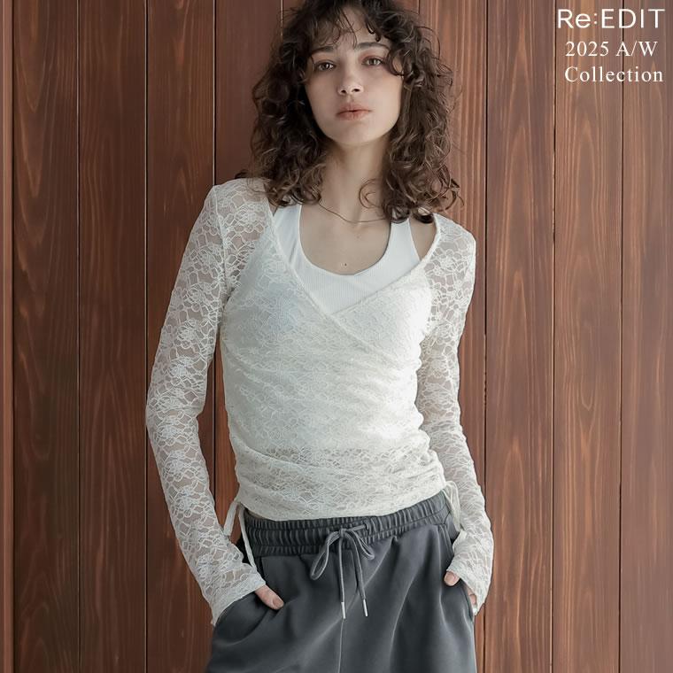 トップス 長袖 レース レディース  ２色 M/L カシュクール 総レース Vネック シアー リボン ギャザー 透け感 重ね着 2025秋冬[mb] | Re:EDIT