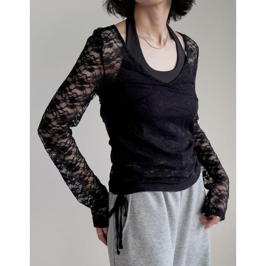 トップス 長袖 レース レディース  ２色 M/L カシュクール 総レース Vネック シアー リボン ギャザー 透け感 重ね着 2025秋冬[mb] | Re:EDIT | 12